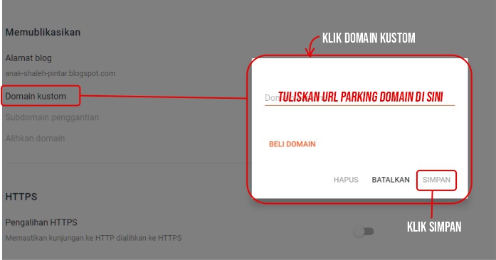 mencantumkan top level domain yang akan parking domain di blogspot